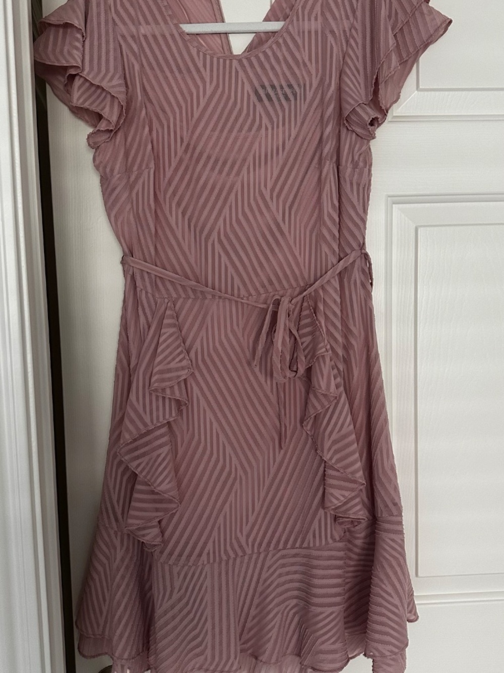 Karl Lagerfeld Paris Pink Ruffle Dress Size 8 | Chiffon Tie Waist Feminine Weddi - Picture 2 of 6